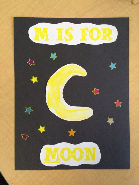 M is for moon handprint with star stickers. Letter M Craft Preschool, M Is For Moon Craft, Letter M Crafts, Moon Craft, Teaching Plan, M Craft, Baby Art Projects, Letter Of The Week, Handprint Crafts