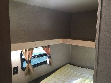 Top bunk removal ( coffin), shelf made with bunk material - Forest River Forums Rv Bunk Remodel Travel Trailers, Rv Bunk Renovation, Corner Rv Bunk Remodel, Rv Shelf Ideas, Rv Top Bunk Storage Ideas, Top Bunk Ideas, Rv Bunks Remodel, Rv Bunkhouse Remodel, Camper Bunk Bed Ideas