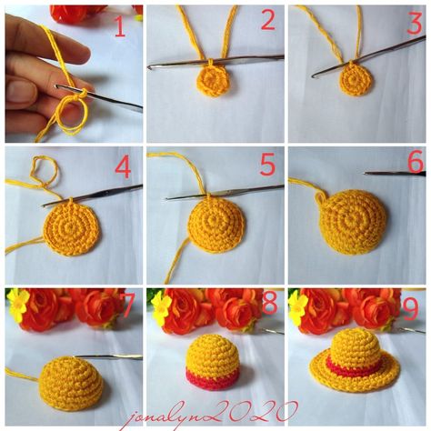 Witch Hat Crochet Pattern, Witch Hat Crochet, Luffy Straw Hat, Pola Topi, Pumpkin Crochet, Crochet Monkey, Crochet Tutorial Pattern, Crochet Keychain Pattern, Mode Crochet