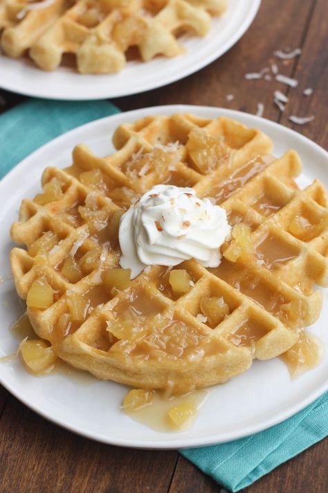 Light and fluffy Coconut Cream Waffles with Pineapple Syrup | Tastes Better From Scratch Cooking With Coconut Milk, Pineapple Syrup, Waffle Iron Recipes, Tastes Better From Scratch, Waffle Maker Recipes, Adult Lunches, Coconut Syrup, Tropical Food, Pancake Recipes