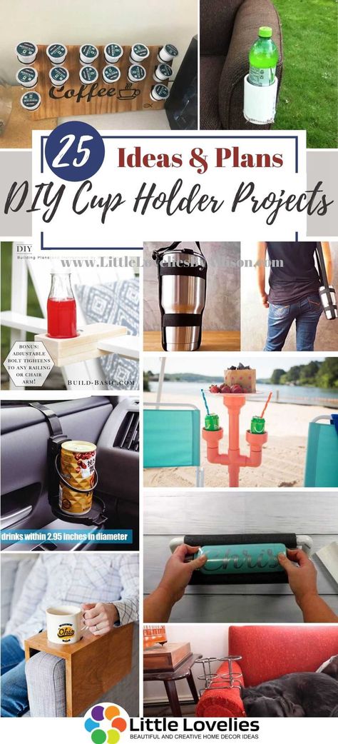 25 DIY Cup Holder Projects – How To Make A Cup Holder Nightstand Cup Holder, Chair Drink Holder Diy, Diy Car Cup Holders Ideas, Diy Pool Cup Holder, Luggage Cup Holder Diy, Diy Car Coasters Cup Holders, Luggage Travel Cup Holder Diy, Cup Carrier Diy, Rv Cup Holder Ideas