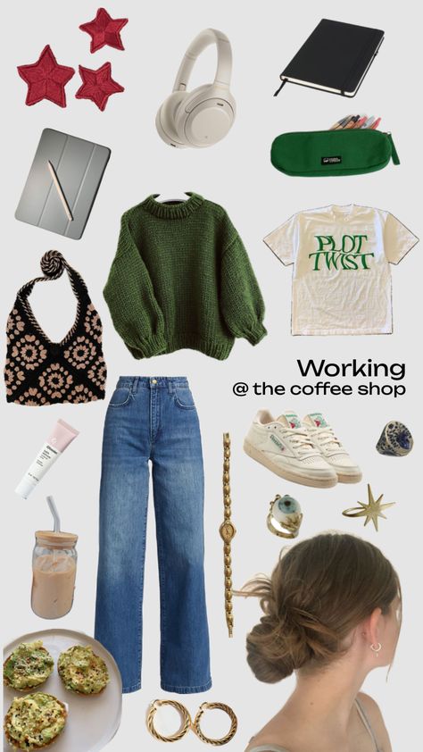 #coffee #coffeeshop #remotework #fashion #outfit Coffeehouse Aesthetic Outfit, Coffee Shop Study Outfit, Coffee Shop Vibes Outfit, Coffee Shop Work Outfit, Coffee Inspired Outfits, Barista Clothes, Coffee House Aesthetic Outfits, Coffee Shop Outfit, Barista Outfit