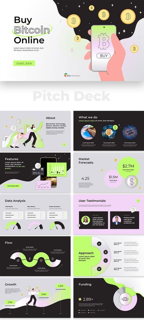 Pitch Deck Design Templates. get your own editable pre-designed slides. #SlideMembers #Pitchdeck #Bitcoin #Online #Payments #Finance #Blockchain #Cryptocurrency #BTC #P2P #NFT #Stock #Business #Professional #Simple #Minimalist #Infographics #Diagram #Project #Portfolio #Investment #Professional #Background #Layout #Slide #Design #Multipurpose #Proposal #BestPPT #BusinessPresentation #PPT #PPTdesign #freepresentation #Presentation #PPTtheme #Templates #PowerPoint #Investordeck #PPTdeck #freePPT Business Pitch Presentation, Pitch Deck Design, Investing Infographic, Startup Presentation, Pitch Deck Presentation, Pitch Presentation, Creative Proposals, Presentation Deck, Presentation Design Layout