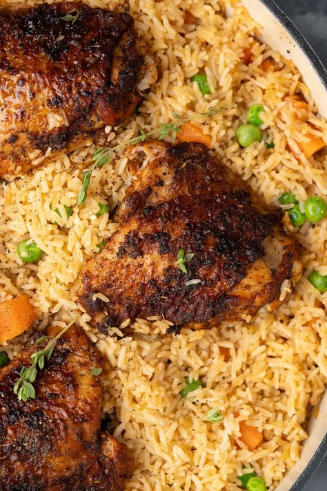 Baked Chicken And Rice Recipes Easy, Baked Chicken Thighs And Rice, Baked Chicken Rice, Oven Baked Chicken And Rice, Broiled Chicken Thighs, Oven Baked Rice, Baked Chicken And Rice, Chicken Leg Quarter Recipes, Cajun Chicken And Rice