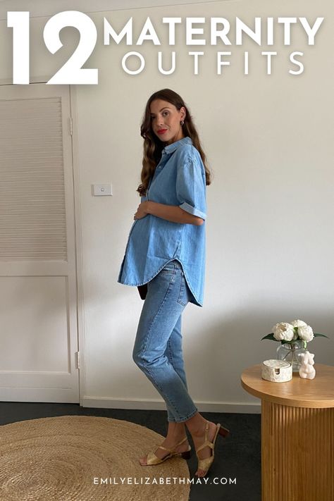 I'm sharing 12 maternity outfits to get you inspired to create your own pregnancy outfits. I also share some helpful tips to stay comfortable and chic. Click through to read the post. Maternity Dressy Casual Outfits, Concert Outfits For Pregnant Women, Rainy Maternity Outfit, Hailey Bieber Maternity, Wide Leg Maternity Outfit, Maternity Outfits Petite, Maternity Brunch Outfit Winter, Maternity Denim Outfit, 37 Weeks Pregnant Outfits