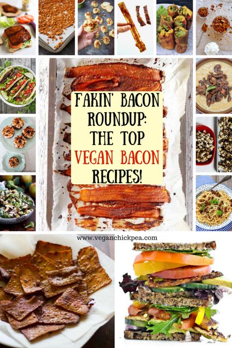 Using mushrooms, coconut, eggplant, rice paper, nuts, tofu, tempeh or carrots, Vegan Bacon is salty and sweet, with a crispy and chewy texture. This creative recipe roundup highlights bloggers who show us how it's done! Rice Paper Bacon, Eggplant Rice, Vegan Bacon Recipe, Healthy Vegan Dinner Recipes, Healthy Vegan Dinner, Vegan Snack Recipes, Vegan Chickpea, Bacon Recipe, Vegan Bacon