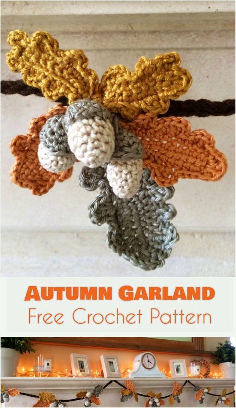 Autumn Garland - Fall & Thanksgiving Decoration- Free Crochet Pattern Crochet Fall Decor, Autumn Garland, Thanksgiving Crochet, Crochet Wreath, Crochet Garland, Fall Crochet Patterns, Easter Crochet Patterns, Halloween Crochet Patterns, Fall Garland