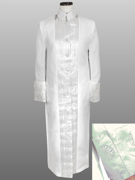 Clergy Robe for Women with White Brocade | Suit Avenue Clergy Women Robes, White Garment Church Style, Church Robes, Ministry Apparel, Clergy Women, Women Pastors, Clergy Robes, Women Attire, Long Robes