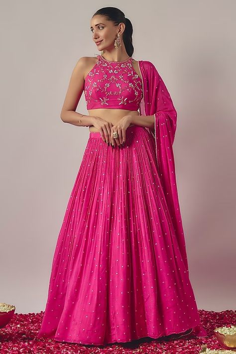 Fuchsia Pink Chinon Lehenga Set Design by WILDFLOWER BY KRISHNA at Pernia's Pop Up Shop 2024 Tiered Lehenga, Sleeveless Blouse Designs, Haldi Outfits, Crop Top Lehenga, Sangeet Outfit, Simple Lehenga, Mehendi Outfits, Lehenga Designs Simple, Lehenga Blouse Designs