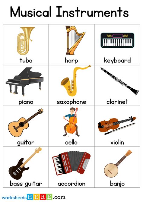 24 Musical Instruments Names with Pictures Flashcards PDF Worksheets For Students - WorksheetsHere.com Music Instruments Preschool, Musical Saw, Music Flashcards, Moog Synthesizer, Hammered Dulcimer, Tin Whistle, Didgeridoo, Brass Instruments, Thumb Piano