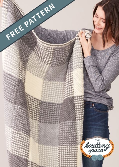 Looking for an easy-to-knit project? Try your hands with this sophisticated knitted blanket with gorgeous square panels. It is a stand-out piece that every beginner knitters will be proud to show off. | Discover over 4,500 free knitting patterns at theknittingspace.com #knitpatternsfree #handmadegifts #housewarmingpresents #giftideas Knit Gingham, Knit Afghan Patterns Free, Knitted Throw Patterns, Knit Throw Blanket Pattern, Knitted Squares Pattern, Gingham Blanket, Easy Blanket Knitting Patterns, Knit Afghan Patterns, Double Knitting Patterns