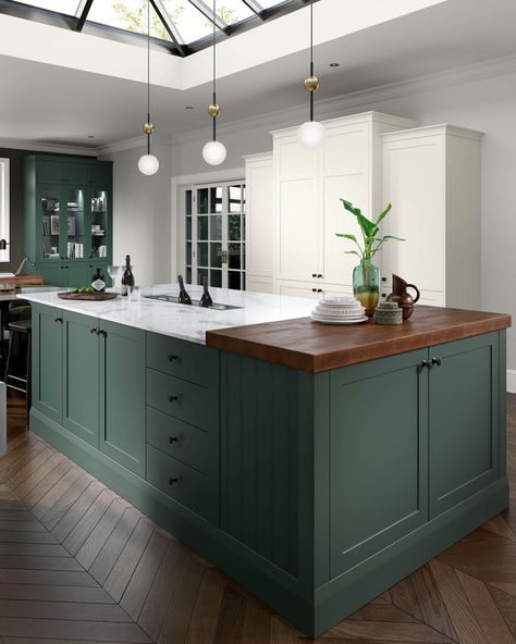 Heritage Green And Porcelain Kitchen | Clara Range | The Kitchen Depot Modern Classic Kitchen, New Kitchen Doors, Traditional Style Kitchen, Dark Green Kitchen, Bespoke Kitchen Design, Victorian Kitchen, Shaker Style Kitchens, Timeless Kitchen, Shaker Kitchen