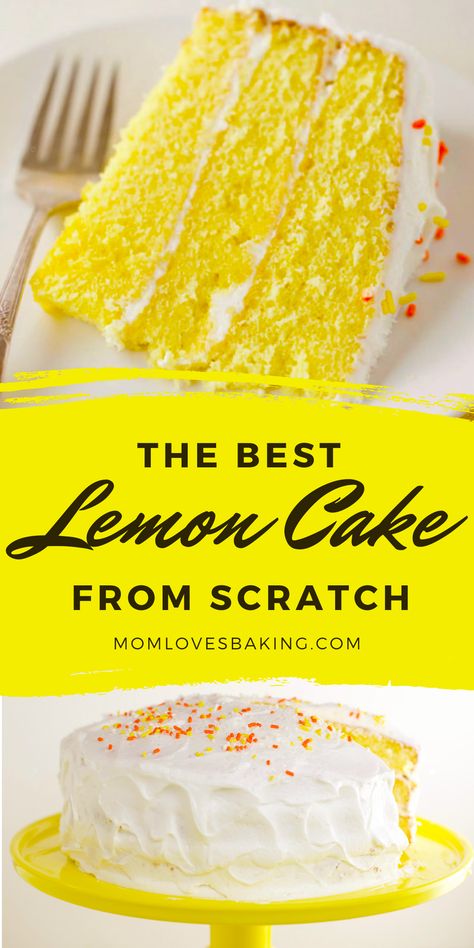 Slice of yellow three layer lemon cake on a serving plate with a fork and also the whole cake with white frosting and orange and yellow sprinkles with yellow cakestand. Best Lemon Cake, Lemon Cake From Scratch, Homemade Cake Recipe, Best Lemon Cake Recipe, Italian Lemon Cake, Homemade Lemon Cake, Homemade Yellow Cake, Delicious Lemon Cake, Lemon Cake Easy