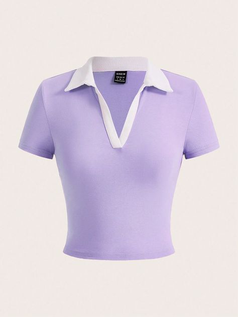 SHEIN EZwear Knitted Color-block Women's T-shirtI discovered amazing products on SHEIN.com, come check them out! Basic Clothes, Purple Collar, Collar Tshirt, Lilac Purple, Women T Shirts, Basic Outfits, Diy Clothes, Women Clothing, Women's T Shirt