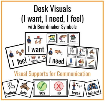 Desk Visuals for Communication Support! Choice boards for AAC users.Great for setting up your Special Education Classroom! For student who need visuals to request breaks, a walk, classroom materials, etc... Sentence Starters I feel...I want...I need...Two versions of a YES/NO boardSymbols for:Bathroom, break, walk, stop, finished, helpBlank template to be customized for each student's desk!Setting up your self-contained classroom?Check out my Morning Meeting Bundle and my Morning Meeting Binder Social Skills Special Education, Visual Cards For Preschool, I Feel I Need Visual, Core Boards Communication, Prek Special Ed Classroom, Aba Classroom Setup, Special Education Bulletin Boards, Intervention Classroom Setup, Sped Classroom Decor