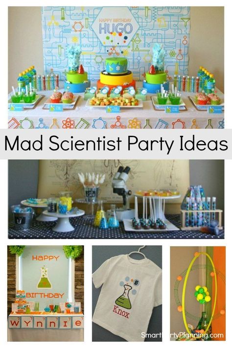 Easy Mad Scientist party ideas that all the kids will love. The kids can enjoy creating experiments in a party environment that has been decorated to look like a lab. Use simple party decor and food ideas to give the party an edge and for some explosive fun. Science Party Food Ideas, Mad Scientist Party Decorations, Science Party Food, Mad Scientist Party Ideas, Scientist Party Ideas, Simple Party Decor, Science Party Decorations, Science Birthday Party Ideas, Themes For Parties