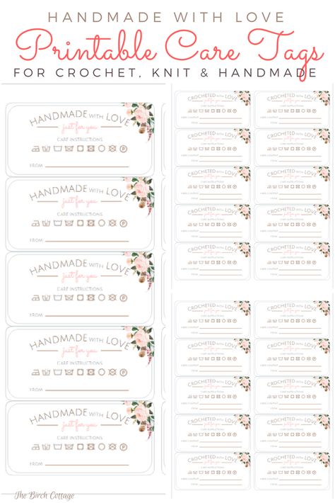 Printable Care Tags for Handmade Gifts from The Birch Cottage Crochet Tags And Labels Printable, Free Printable Care Instruction Labels, Free Printable Crochet Dishcloth Labels, Crochet Tags And Labels, Crochet Care Instructions, Crochet Tags, Christmas Tags Handmade, Crochet Labels, Handmade Labels