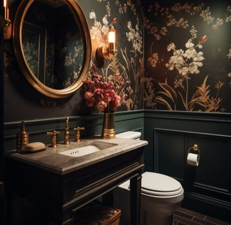 Dark Academia Bathrooms, Dark Moody Half Bathroom, Unique Half Bathroom Ideas, Dark Color Bathroom, Dark Floral Bathroom, Dark Moody Bathroom Ideas, Victorian Gothic Bathroom, Moody Bathroom Design, Dark Academia Bathroom