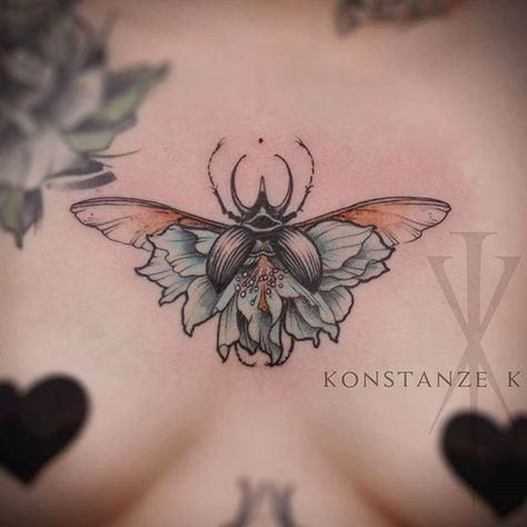 Beetle Sternum Tattoo, Atlas Beetle, Beetle Tattoo, Zelda Tattoo, Bug Tattoo, Insect Tattoo, Chest Tattoos For Women, Chest Piece Tattoos, Floral Tattoo Design