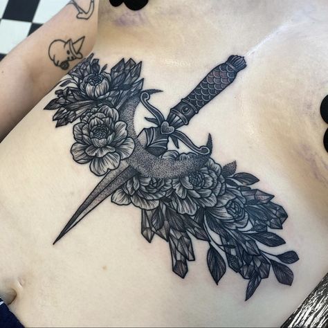 Sternum Tattoo Cover Up, Underboob Cover Up Tattoo, Dark Feminine Sternum Tattoos, Dark Sternum Tattoo, Tattoo On Sternum, Dagger Tattoo Sternum, Sternum Tattoo Women Flowers, Sternum Tattoo Dagger, Sternum Tattoo Women Traditional