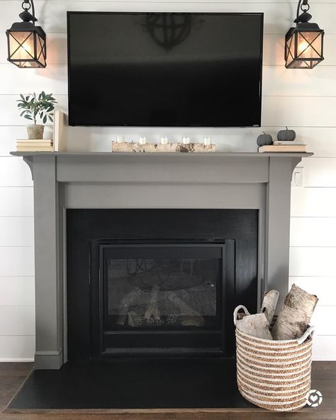 fireplace is Sherwin Williams Gauntlet Gray Grey Painted Fireplace, Mantels Ideas Fireplace, Fireplace Mantels Ideas, Painted Fireplace Mantels, Wooden Fireplace Surround, Painted Fireplace, Grey Fireplace, Gauntlet Gray, Fireplace Redo