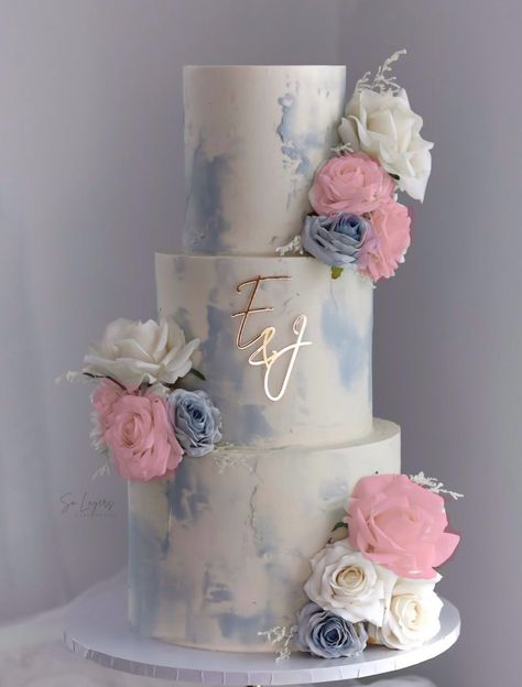 Dusty Blue And Pink Wedding Cake, Dusty Blue Cake, Fitzsimmons Wedding, Pink And Blue Wedding Cake, Dusty Blue Wedding Cake, Blush Pink Wedding Cake, Blush Wedding Cakes, Blue And Blush Wedding, Tiered Cake Design