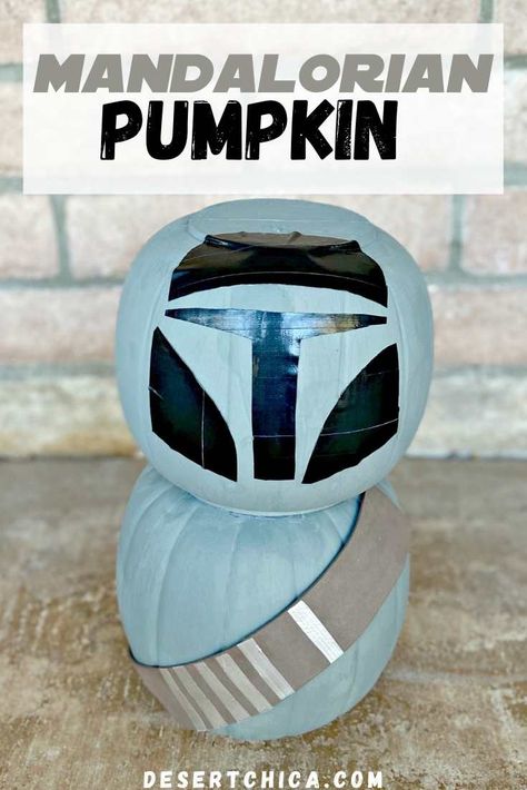 Make your own Mandalorian pumpkin with paint, duct tape, craft foam and a couple of pumpkin buckets. This simple Star Wars craft requires little painting skills and no carving! Download the template to replicate the Mando helmet design using duct tape. Star Wars pumpkin carving | Star Wars Halloween Decorations | The Mandalorian Fan Art Mandalorian Pumpkin Carving, Mandalorian Pumpkin, Grogu Pumpkin, Star Wars Halloween Decorations, Baby Yoda Pumpkin, Mandalorian Birthday Party, Star Wars Pumpkin Carving, Yoda Pumpkin, Mandalorian Birthday