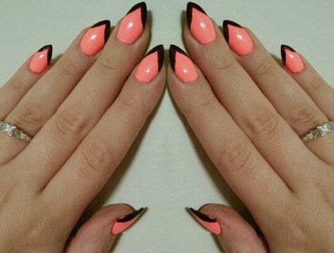 Coral nails with black tips Coral And Black Nails, Nails With Black Tips, Coral Pink Nails, Nails With Black, Black Tips, Coral Nails, Black Nail Designs, Pretty Hands, Silver Design