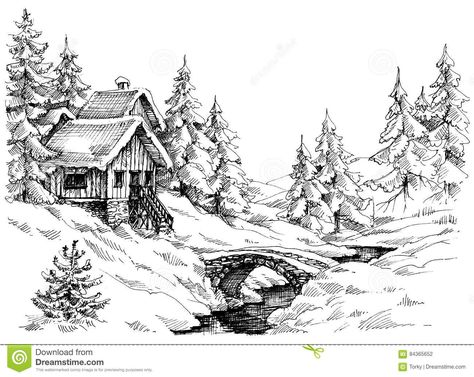 Illustration about Mountain cabin in the woods near river. Idyllic landscape. Illustration of retro, river, pine - 84365652 Mountain With Snow Drawing, Mountain Scene Drawing, Winter Drawings Pencil, Cabin In The Woods Drawing, Log Cabin Drawing, Cabin Sketch, Cabin Drawing, Woods Drawing, Barn Drawing