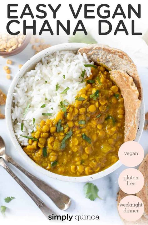 This Easy Chana Dal recipe is a quick, easy and flavorful meal that's healthy and protein packed. This chana dal is also vegan, gluten-free, and full of aromatic spices like turmeric, garam masala and cumin! An easy homemade recipe that is a great healthy dinner idea and perfect for meal prep! Coconut Quinoa, Healthy Vegan Dinner, Indian Dinner, Chana Dal, Simply Quinoa, Dal Recipe, Easy Homemade Recipes, Homemade Recipe, Dinner Idea