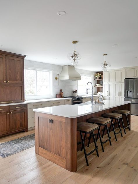 Modern Traditional Kitchen, Walnut Kitchen Island, Walnut Kitchen Cabinets, 70s Kitchen, Walnut Kitchen, Kitchen Remodel Inspiration, Kitchen Pantry Design, Kitchen Remodel Before And After, Kitchen Fireplace