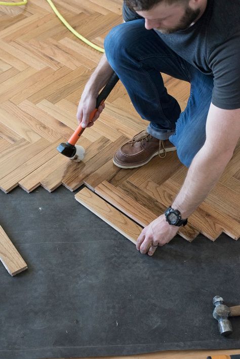 Herringbone Hardwood Floors, Wood Floor Installation, Guest Bathroom Renovation, Diy Wood Floors, Room For Tuesday, Installing Hardwood Floors, Parquet Floor, Herringbone Wood Floor, Herringbone Wood