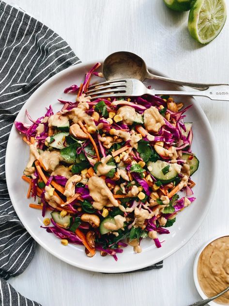 Corn and Cabbage Slaw with Satay Sauce | The Healthy Hunter Vegan Dishes Easy, Ginger Chicken Recipes, Clean Lunches, Satay Sauce, Crunchy Salad, Sauce Pasta, Roasted Cashews, Roasted Nuts, Cabbage Slaw