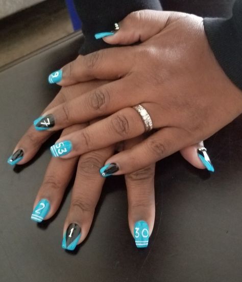 Carolina Panthers Nails, Panthers Nails, Football Nail Designs, Football Nails, Carolina Panthers, Nail Ideas, Panther, Defense, Nail Designs