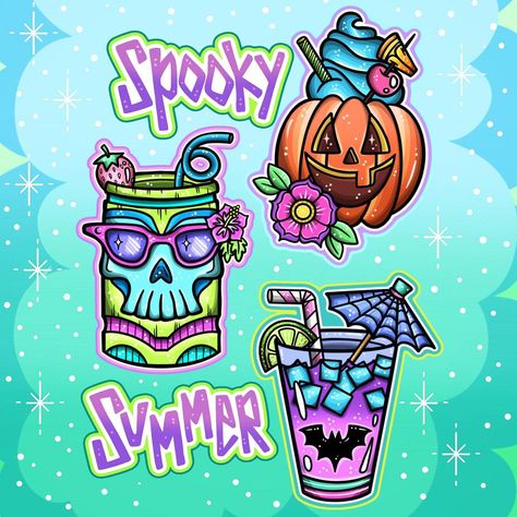 Spooky Summer Wallpaper, Spooky Summer Aesthetic, Cute Summer Illustration, Summer Halloween Party, Spooky Tiki, Summerween Ideas, Summerween Aesthetic, Horror Summer, Summerween Party