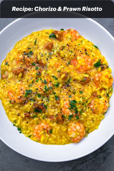 Prawn And Chorizo Risotto, Fish Risotto, Perfect Risotto, Prawn Risotto, Chorizo Risotto, Chorizo Pasta, Undivided Attention, Prawn Dishes, Seafood Risotto