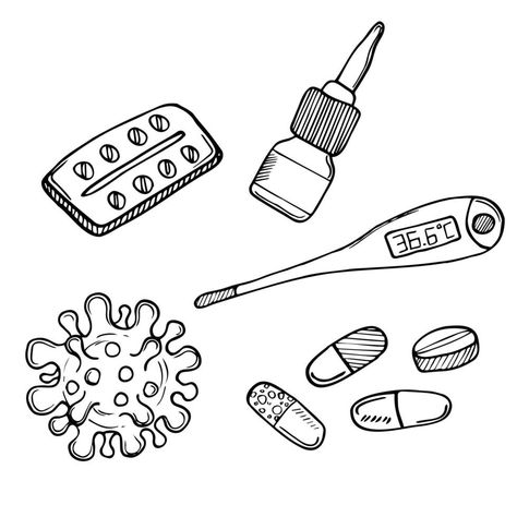 Flu doodle drawing collection. Elements such as medicine, thermometer, viruses, etc are included. Hand drawn vector doodle illustrations isolated over white background. Period Doodles, Medicine Doodles, Thermometer Drawing, Drawing Medicine, Virus Drawing, Medicine Drawing, Hobonichi Journal, Doodle Illustrations, Medicine Illustration