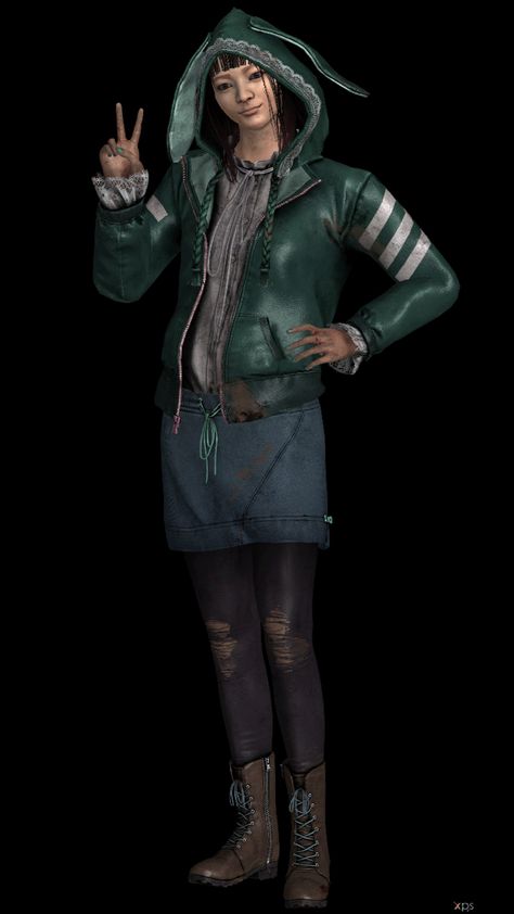 Dbd image of the green bunny skin for Feng Min Bunny Feng Min, Feng Min Dbd, Dbd Outfits, Dbd Cosplay, Feng Min, Green Bunny, Woman Character, Animal Crossing Fan Art, Horror Villains