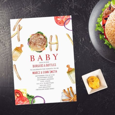 Gender Neutral Baby Shower Themes, Online Baby Shower Invites, Baby Shower Invitation Wording, Online Baby Shower, Baby Shower Bbq, Free Baby Shower, Burger And Fries, Baby Shower Invitations For Boys, Oh Baby