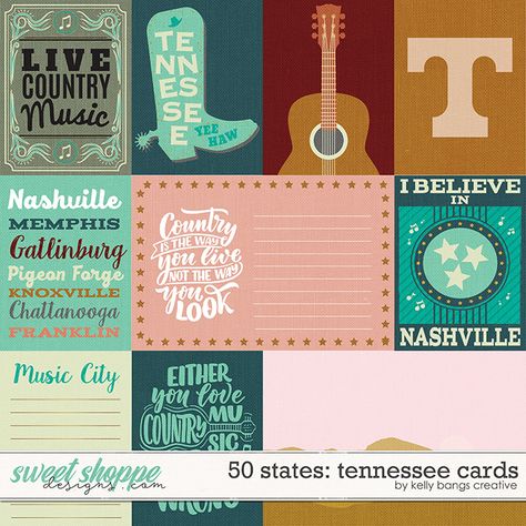 50 States: Tennessee Cards by Kelly Bangs Creative Nashville Music, Music City Nashville, Scrapbook Printables Free, Scrapbook Collection, Pocket Scrapbooking, Digi Scrapbooking, Music City, Postcard Design, Digital Scrapbooking Layouts