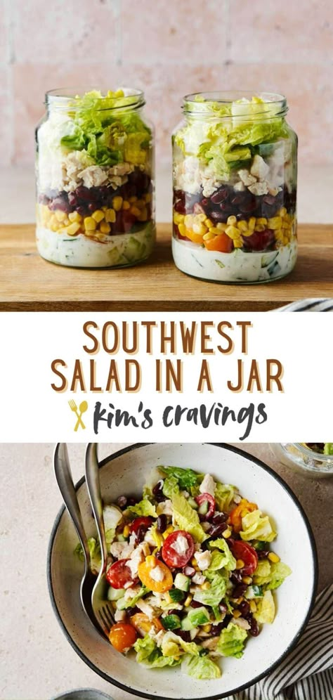 Delicious Southwest Salad in a Jar is quick and easy to make, and perfect for meal prep! Tender chicken is layered with crunchy cucumbers, fresh tomatoes, corn, black beans and crisp lettuce with creamy dressing in a jar. So, you don’t have to worry about your veggies getting soggy or bringing a separate container for dressing! Southwest Bowl Meal Prep, Black Bean And Corn Mason Jar Salad, Southwest Salad Meal Prep, Southwest Chicken Salad Meal Prep, Salad In A Jar Ideas, Sushi In A Jar, Salad Container Ideas, Mediterranean Jar Salad, Vegetarian Jar Meals