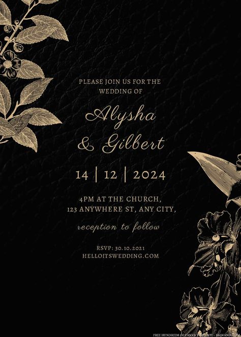 Cool 14+ Black Line Gold Floral Canva Wedding Invitation Templates #free #freeinvitation2019 #birthday #disney #invitations #invitationtemplates Invitation Card Design Simple, Simple Debut Ideas, Farewell Template, Simple Debut, Invitation Template Aesthetic, Black Invitation Template, Black Gold Invitation, Blank Wedding Invitation Templates, Romantic Bohemian Wedding