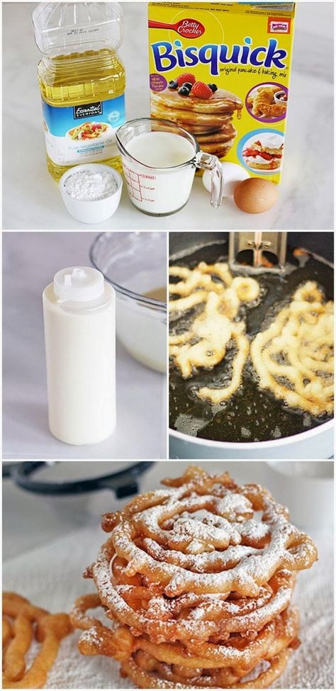 DIY State Fair Funnel Cake OMG! Kaitlyn will love making these! Mini Funnel Cakes, Impossible Pies, Fair Week, Weight Watcher Desserts, Funnel Cakes, Camp Food, Bisquick Recipes, Canned Biscuits, Torte Cupcake