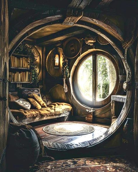 Goth Hobbit Aesthetic, Hobit Houses Inside, Hobbit Hole Aesthetic, Goth Cabin, Hobbit Hole House, Hobbit Library, Circular Bedroom, Circular Room, Hobbit House Interior