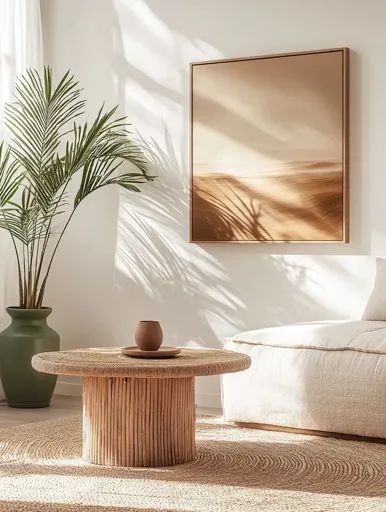 ↑↑↑ Larger size on website 🔸 A bright and airy living room with a minimalist aesthetic. Sunlight streams through a window, castin Bright And Airy Living Room, Woven Coffee Table, Aesthetic Sunlight, Bright Minimalist, Airy Living Room, Casting Shadows, Earthy Decor, Through A Window, Palm Plant