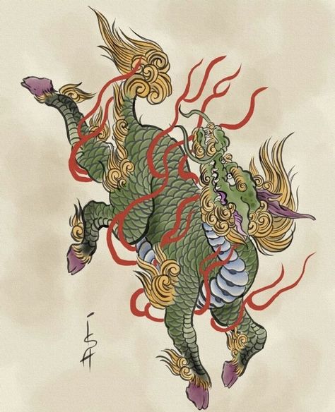 Japanese Demon Tattoo, Dragon Horse, Chinese Folk Art, Ancient Drawings, Chinese Artwork, Fu Dog, Japan Tattoo Design, Vintage Illustration Art, Traditional Japanese Tattoos