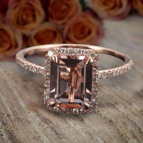 Unique 7x5mm Emerald Cut 1.50 Carat Peach Pink Morganite and - Etsy Australia Morganite Diamond Engagement Ring, Engagement Ring Mountings, Pink Emerald, Moissanite Engagement Ring Halo, Morganite Diamond, Ringe Gold, Pink Morganite, Halo Diamond Engagement Ring, Peach Pink