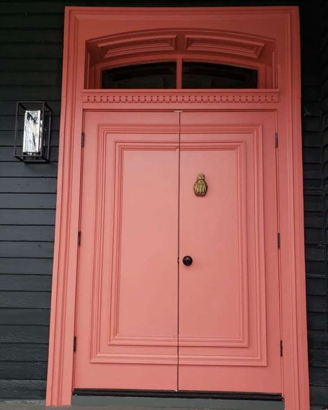 Before & After: A Shabby House Transformed, Thanks to Paint and a DIY Victorian Door White House Black Shutters Pink Door, Coral Front Doors, Flat Front Door, 1800s House, Coral Door, Behind The Green Door, Black Southern Belle, Pink Front Door, Front Door Paint