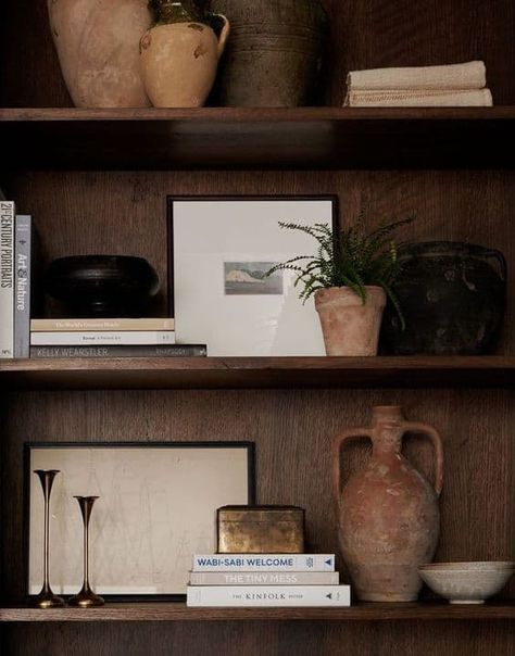 24 Dark and Moody Shelf Decor Ideas » Lady Decluttered Dark Wood Bookcase Styling, Styling Dark Shelves Living Room, Narrow Shelves Decor, Deco Shelf, Moody Shelves, Open Shelf Tv Stand Decor, Cabinet Shelf Decor, Dark Shelves, Decorate Shelf Living Room