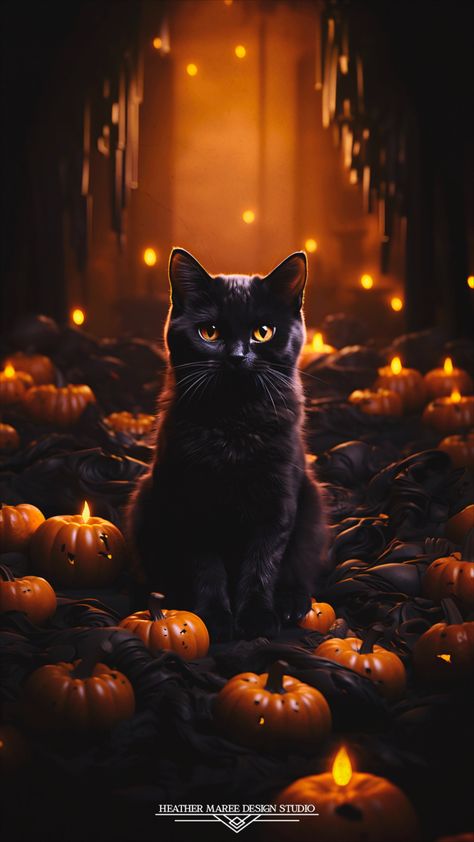 Embrace the enchanting spirit of autumn with this captivating image where a silky black cat, its amber eyes gleaming, lounges amidst a sea of little orange pumpkins in a dark spooky room. The contrast of black and orange evokes the essence of Halloween. Set this as your fall wallpaper or lock screen for a bewitching seasonal touch that captures the magic of the season | Fall Aesthetic | Halloween Wallpaper | Fall Backgrounds Iphone | Spooky Aesthetic Black And Orange Iphone Wallpaper, Halloween Animal Wallpaper, Fall And Christmas Wallpaper, Fall Black Cat Wallpaper, Halloween Cat Backgrounds Wallpapers, Wallpaper Backgrounds Halloween Cute, 4k Wallpaper Iphone Halloween, Cute Halloween Backgrounds Iphone, Halloween Cat Background